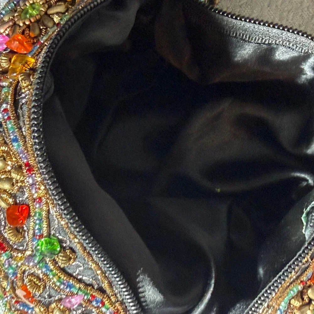 Bamboo Trading Company Beaded Ring Handle Evening Bag Multicolor Floral Mosaic